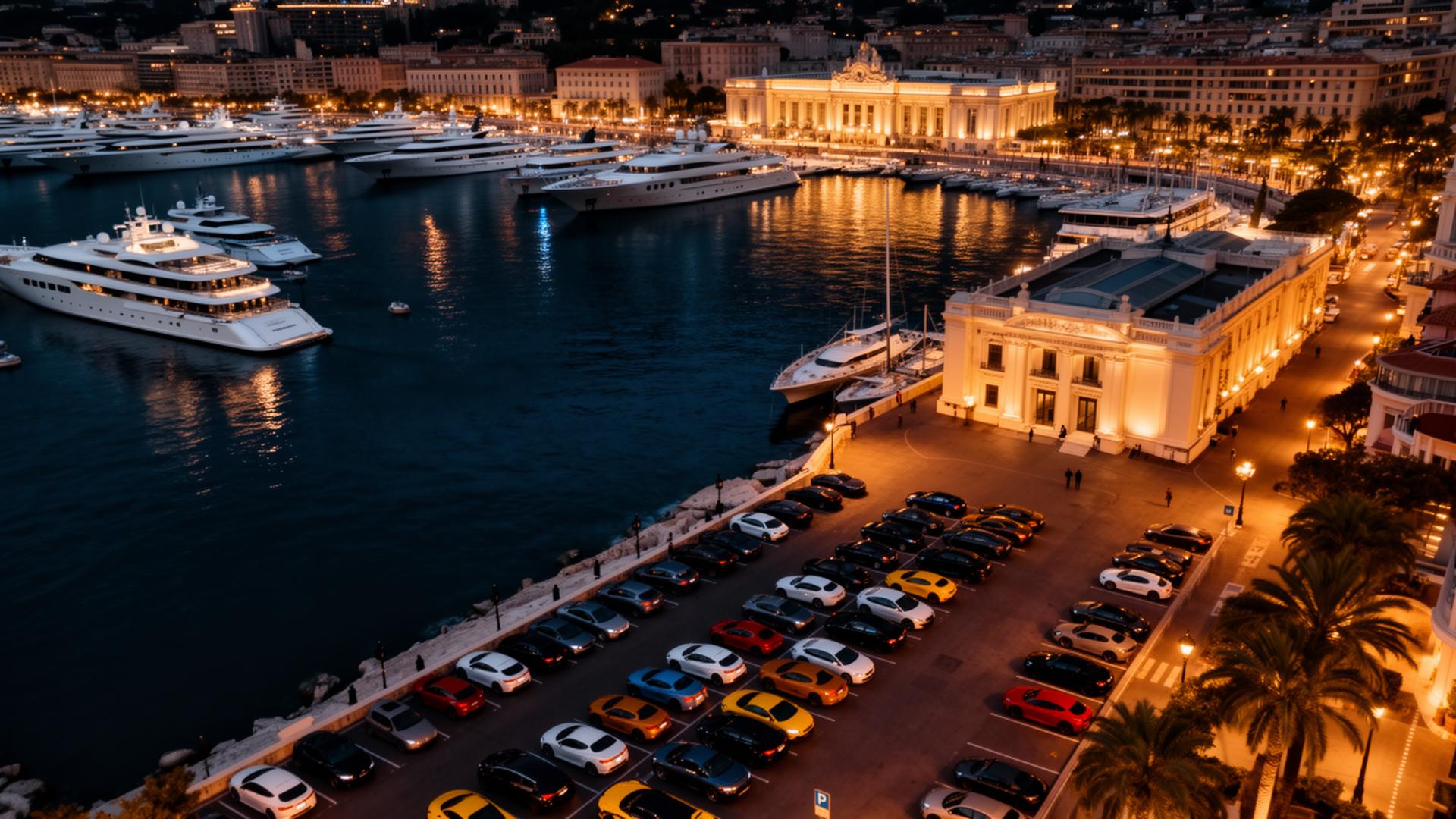 Port de Monaco la nuit, yachts et supercars devant le Casino