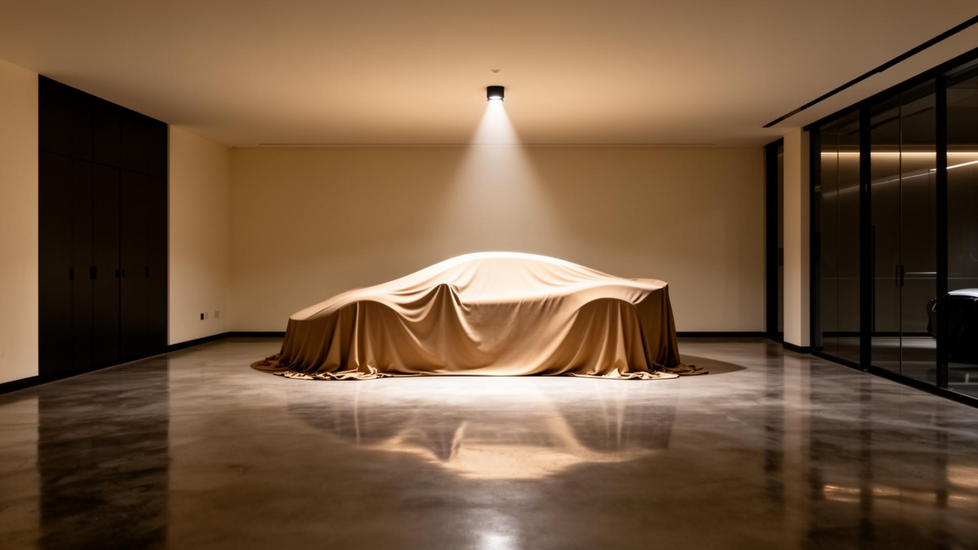 Showroom privé d'hypercar avec véhicule sous une housse beige